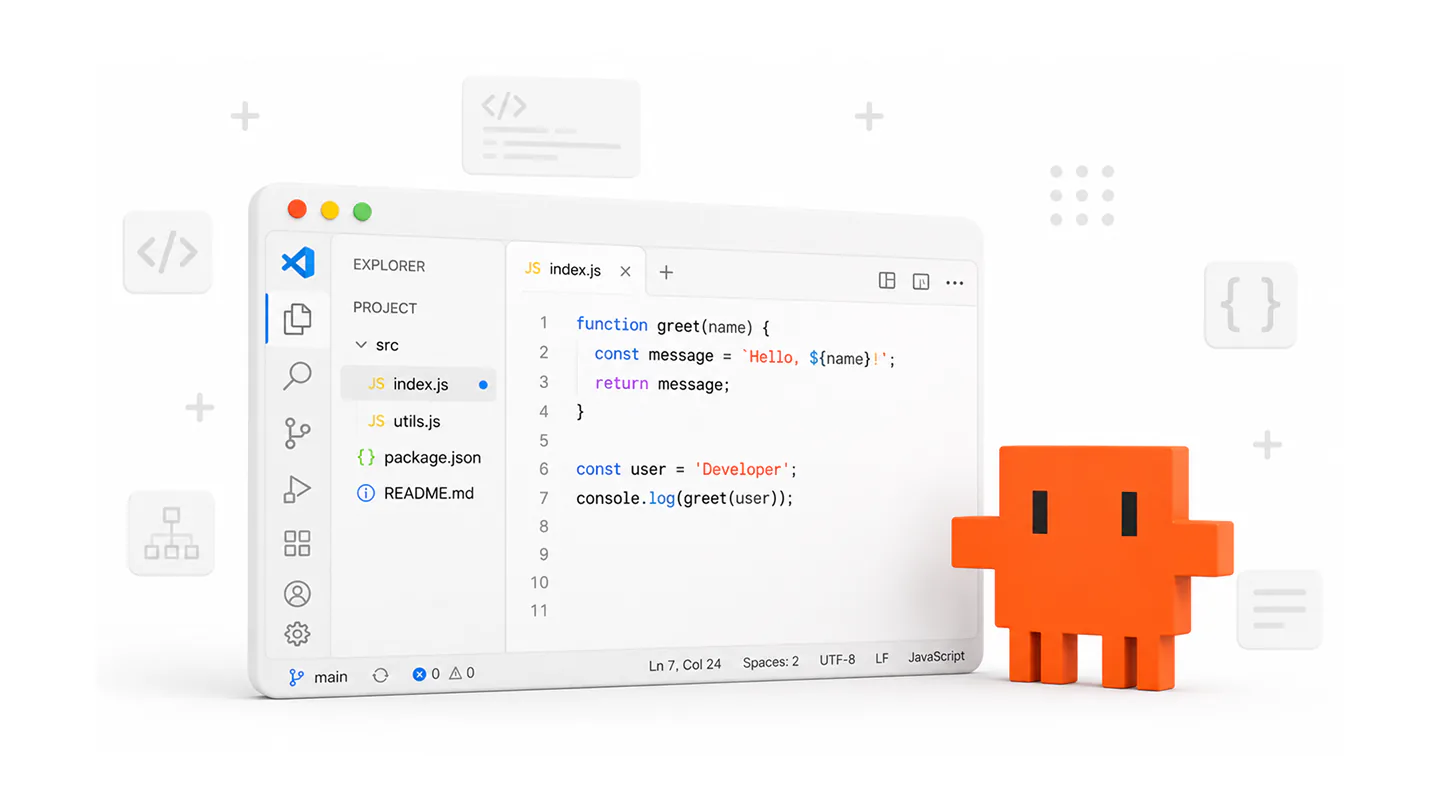 Объёмное окно VS Code с деревом файлов проекта и открытой вкладкой index.js, в редакторе код функции greet; справа стоит оранжевый пиксельный персонаж-талисман сайта, вокруг парят светлые карточки со значками кода и фигурных скобок